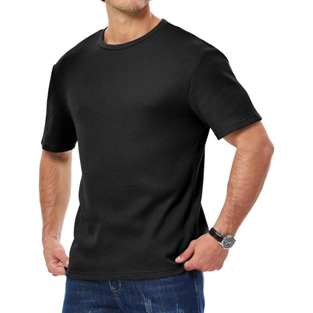 imageJMIERR Mens T Shirt Casual Solid Color Crewneck Stretch Short Sleeve Waffle Knit TeesBlack
