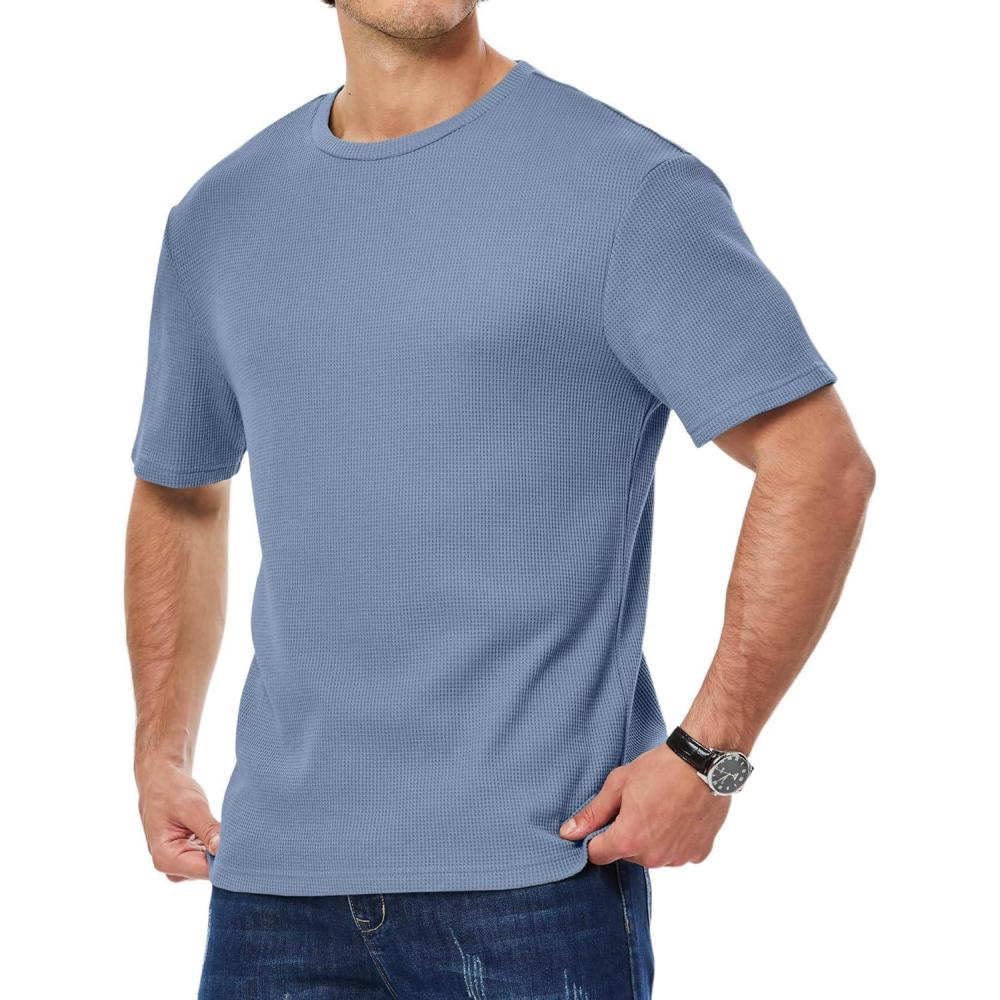imageJMIERR Mens T Shirt Casual Solid Color Crewneck Stretch Short Sleeve Waffle Knit TeesBlue