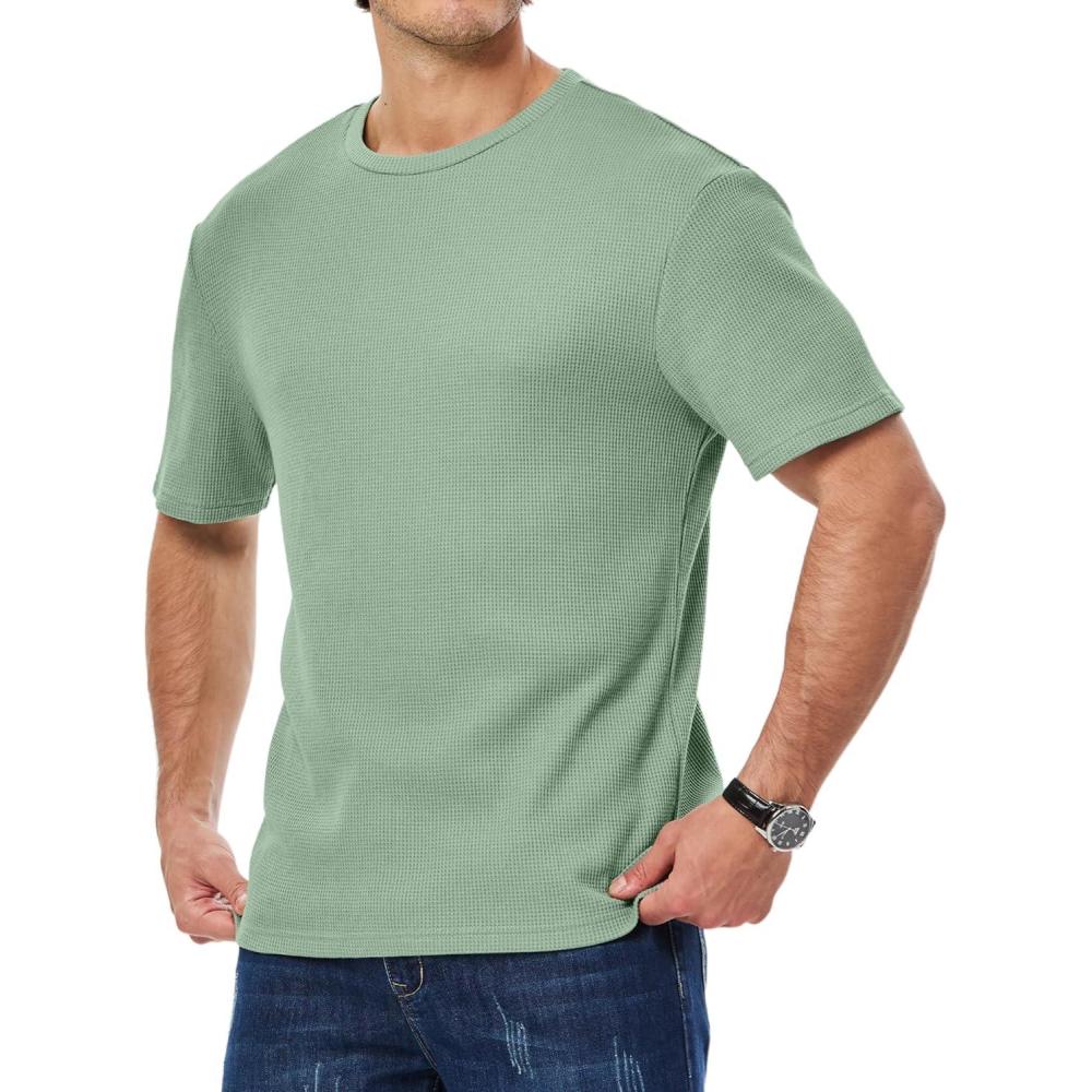 imageJMIERR Mens T Shirt Casual Solid Color Crewneck Stretch Short Sleeve Waffle Knit TeesGrass Green