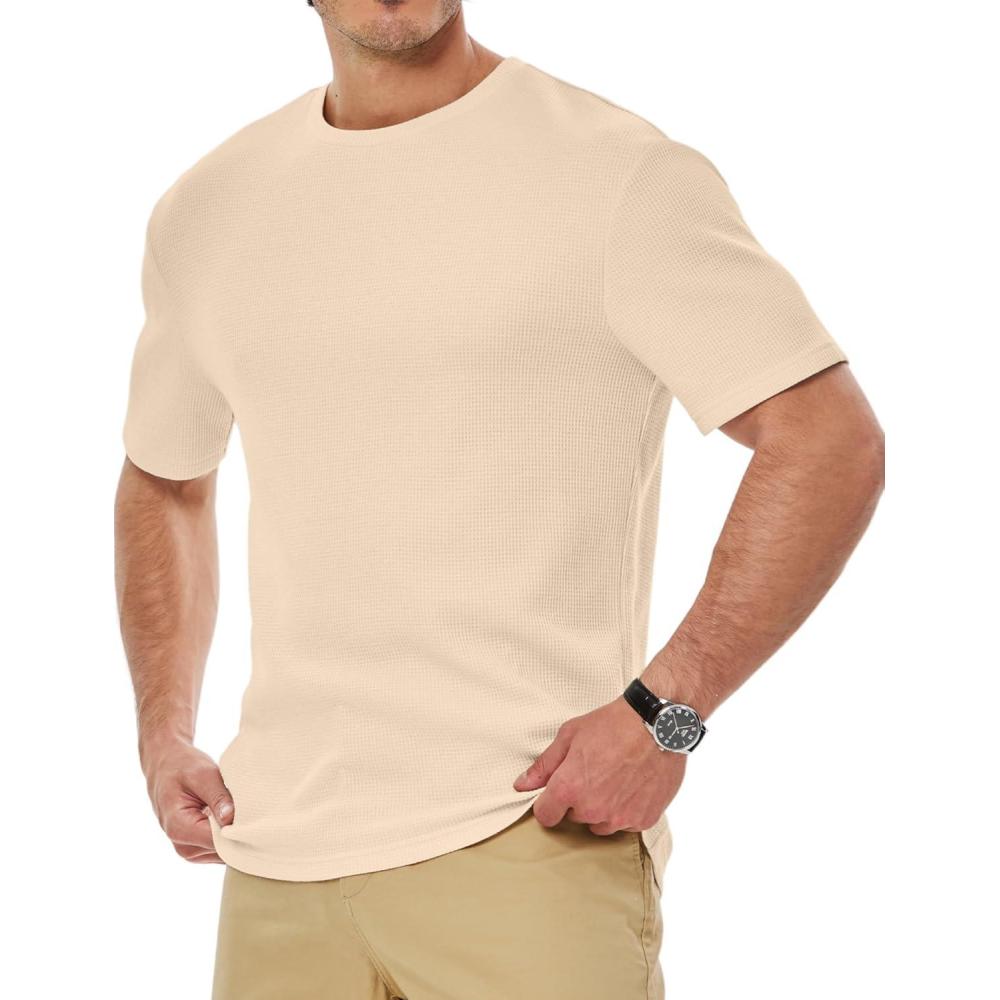 imageJMIERR Mens T Shirt Casual Solid Color Crewneck Stretch Short Sleeve Waffle Knit TeesParchment