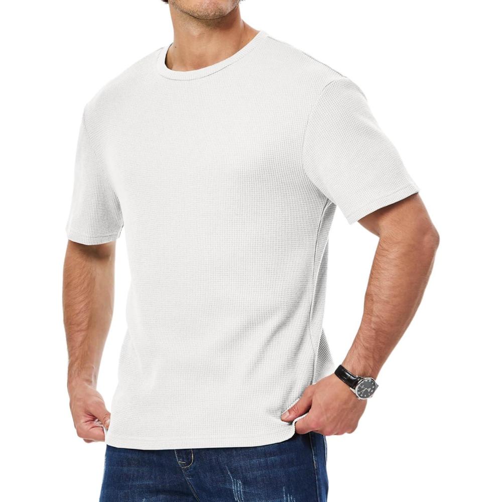 imageJMIERR Mens T Shirt Casual Solid Color Crewneck Stretch Short Sleeve Waffle Knit TeesWhite