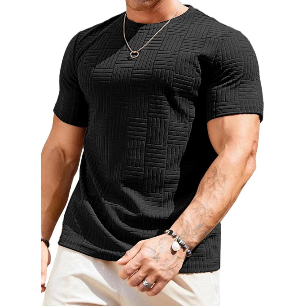 imageJMIERR Mens TShirt Casual Stretch Solid Crewneck Short Sleeve Tees Textured ShirtsBlack