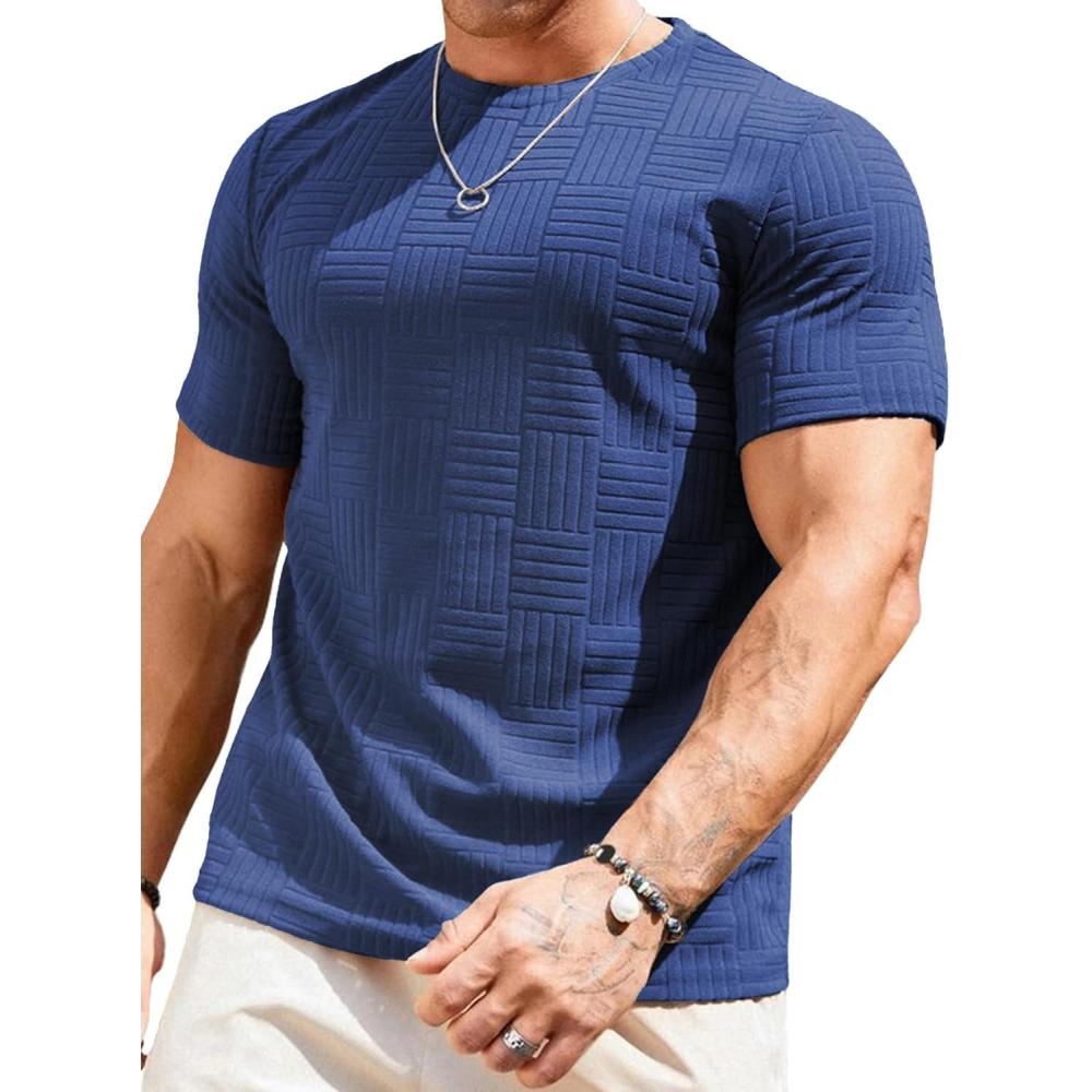 imageJMIERR Mens TShirt Casual Stretch Solid Crewneck Short Sleeve Tees Textured ShirtsBluing