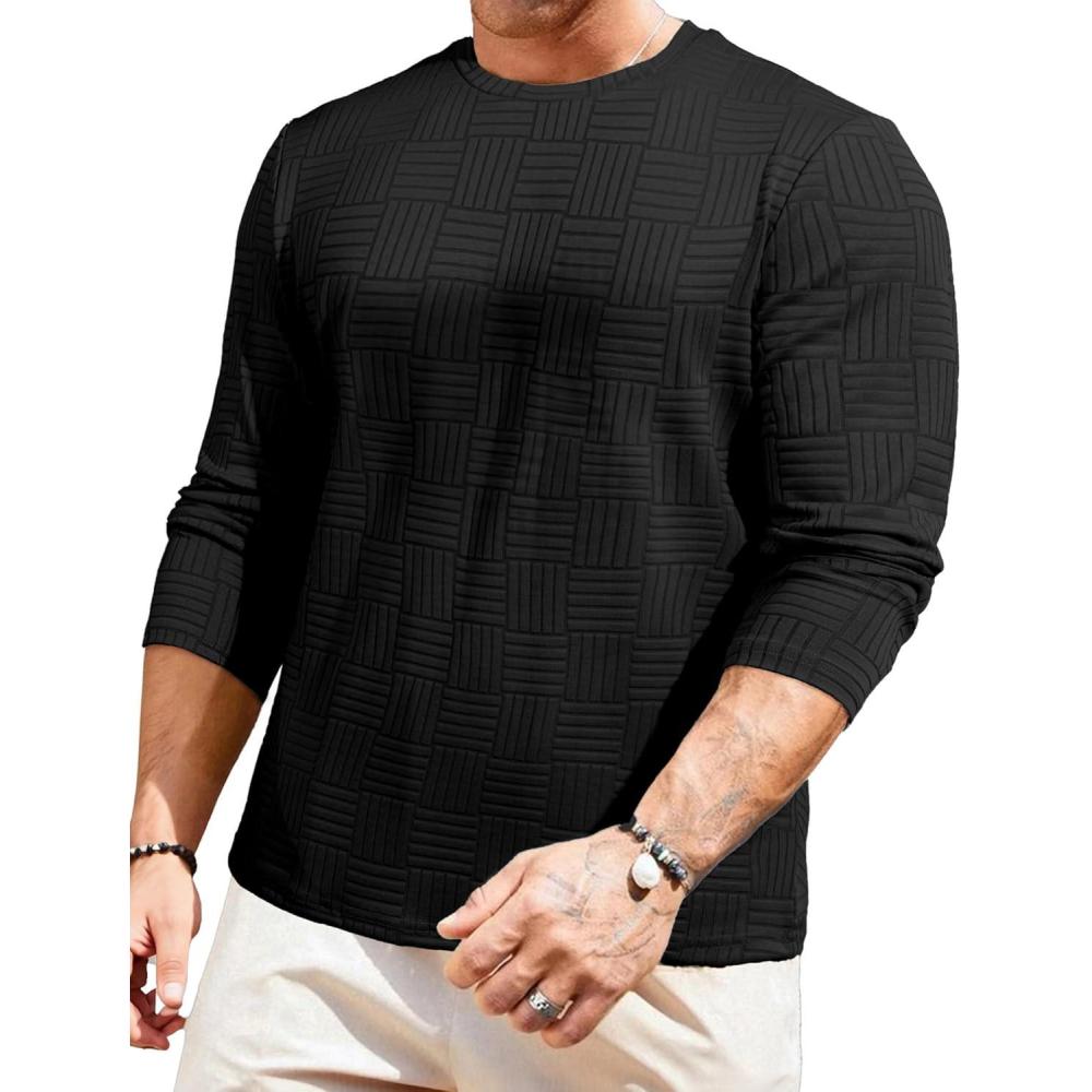 imageJMIERR Mens TShirt Casual Stretch Solid Crewneck Short Sleeve Tees Textured ShirtsLong Sleeve  Black