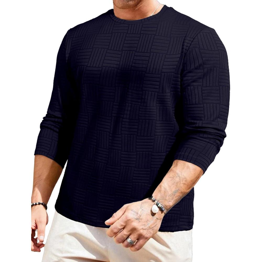 imageJMIERR Mens TShirt Casual Stretch Solid Crewneck Short Sleeve Tees Textured ShirtsLong Sleeve  Sail Blue