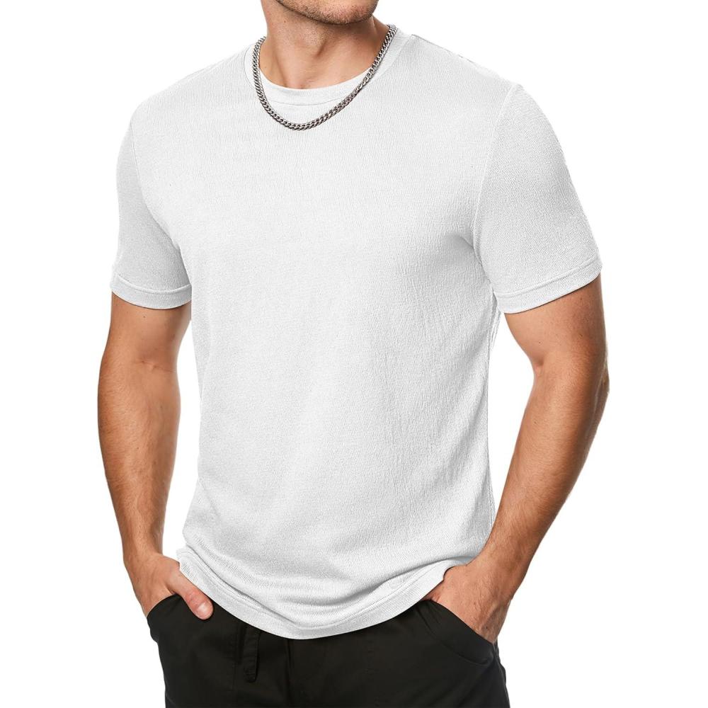 imageJMIERR Mens TShirt Short Sleeve Muscle Textured Knit Crewneck Slim T Shirt Gym Workout Athletic Tee Shirts0 White