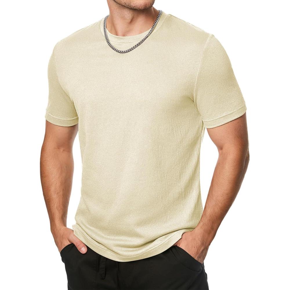 imageJMIERR Mens TShirt Short Sleeve Muscle Textured Knit Crewneck Slim T Shirt Gym Workout Athletic Tee ShirtsA Apricot