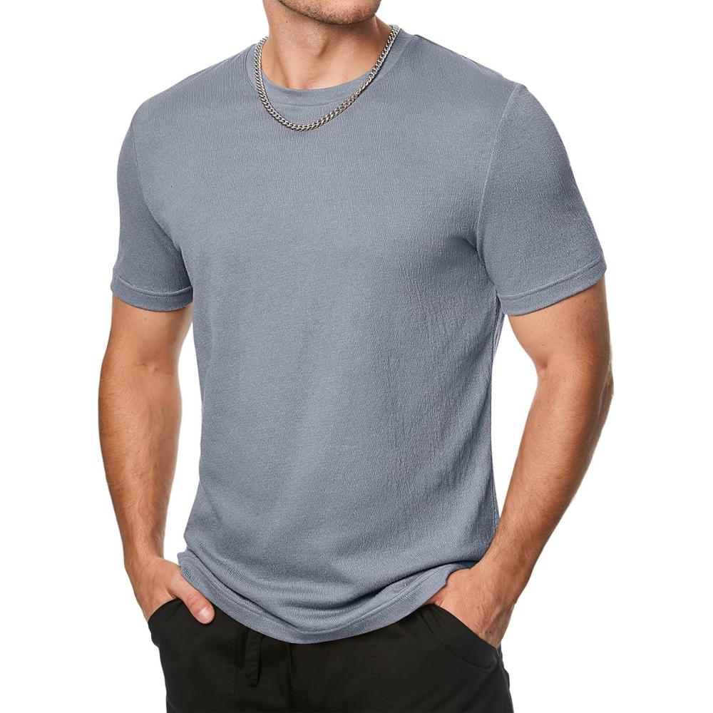 imageJMIERR Mens TShirt Short Sleeve Muscle Textured Knit Crewneck Slim T Shirt Gym Workout Athletic Tee ShirtsA Dusk Blue