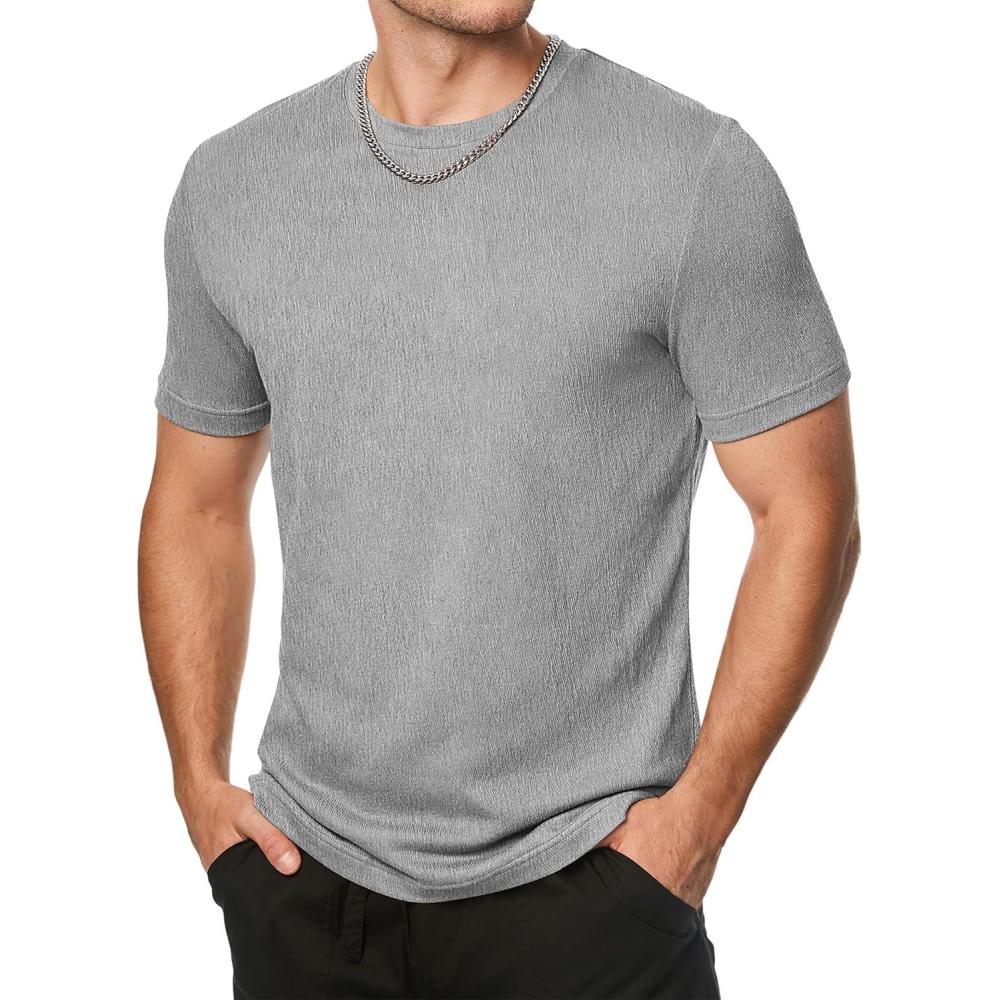 imageJMIERR Mens TShirt Short Sleeve Muscle Textured Knit Crewneck Slim T Shirt Gym Workout Athletic Tee ShirtsA Grey