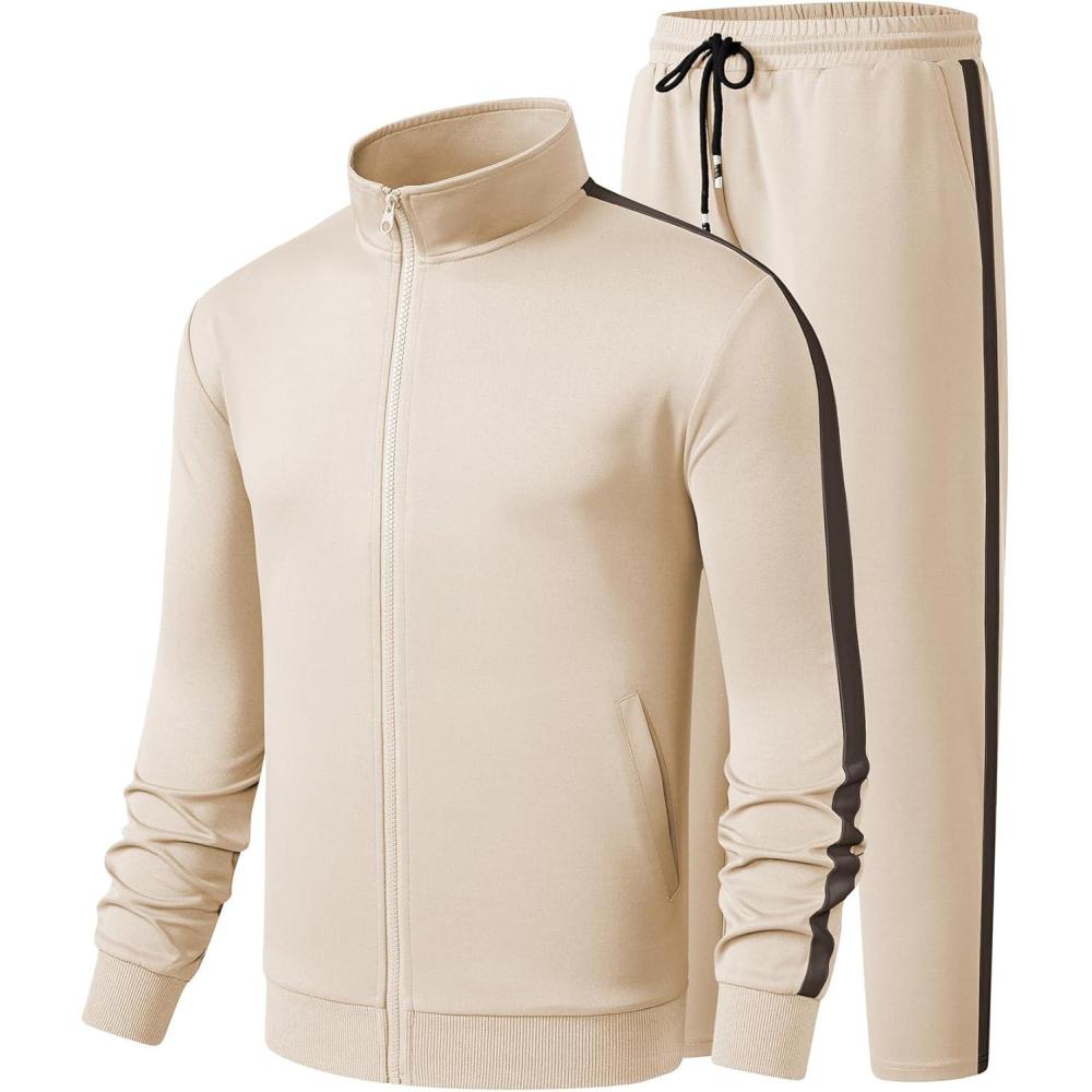 imageJMIERR Mens Track Suits 2 Piece Full Zip Sports Outfits Set Sweatshirt and Joggers SweatpantsBeige
