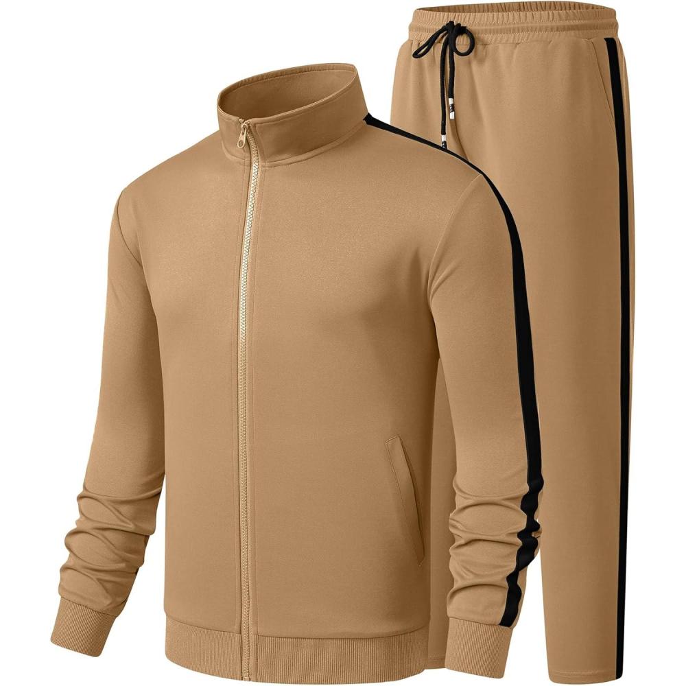imageJMIERR Mens Track Suits 2 Piece Full Zip Sports Outfits Set Sweatshirt and Joggers SweatpantsCamel