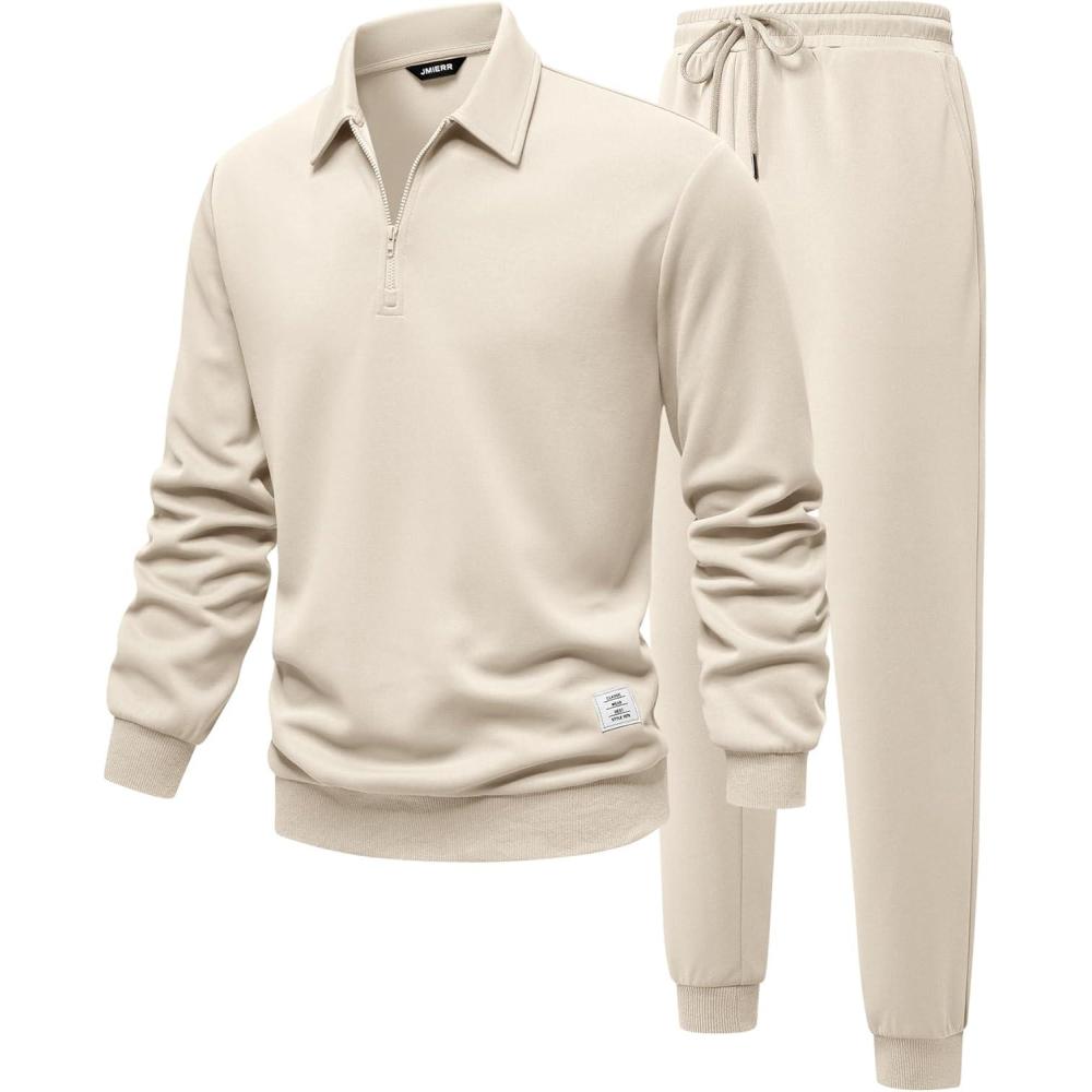 imageJMIERR Mens Track Suits 2 Piece Outfits Quarter Zipper Polo Shirt Tracksuit ampamp Joggers Sweatpants Sweatsuit SetsApricot