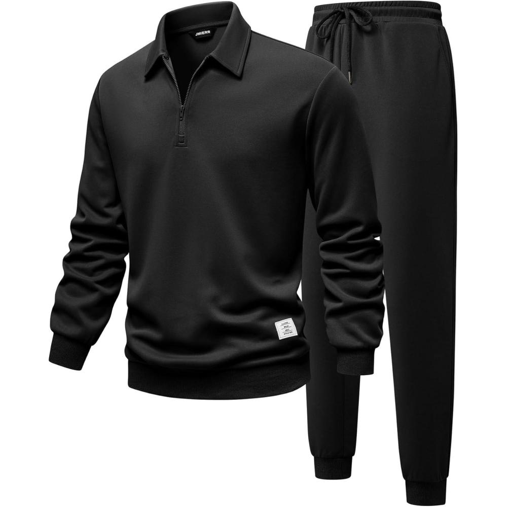 imageJMIERR Mens Track Suits 2 Piece Outfits Quarter Zipper Polo Shirt Tracksuit ampamp Joggers Sweatpants Sweatsuit SetsBlack