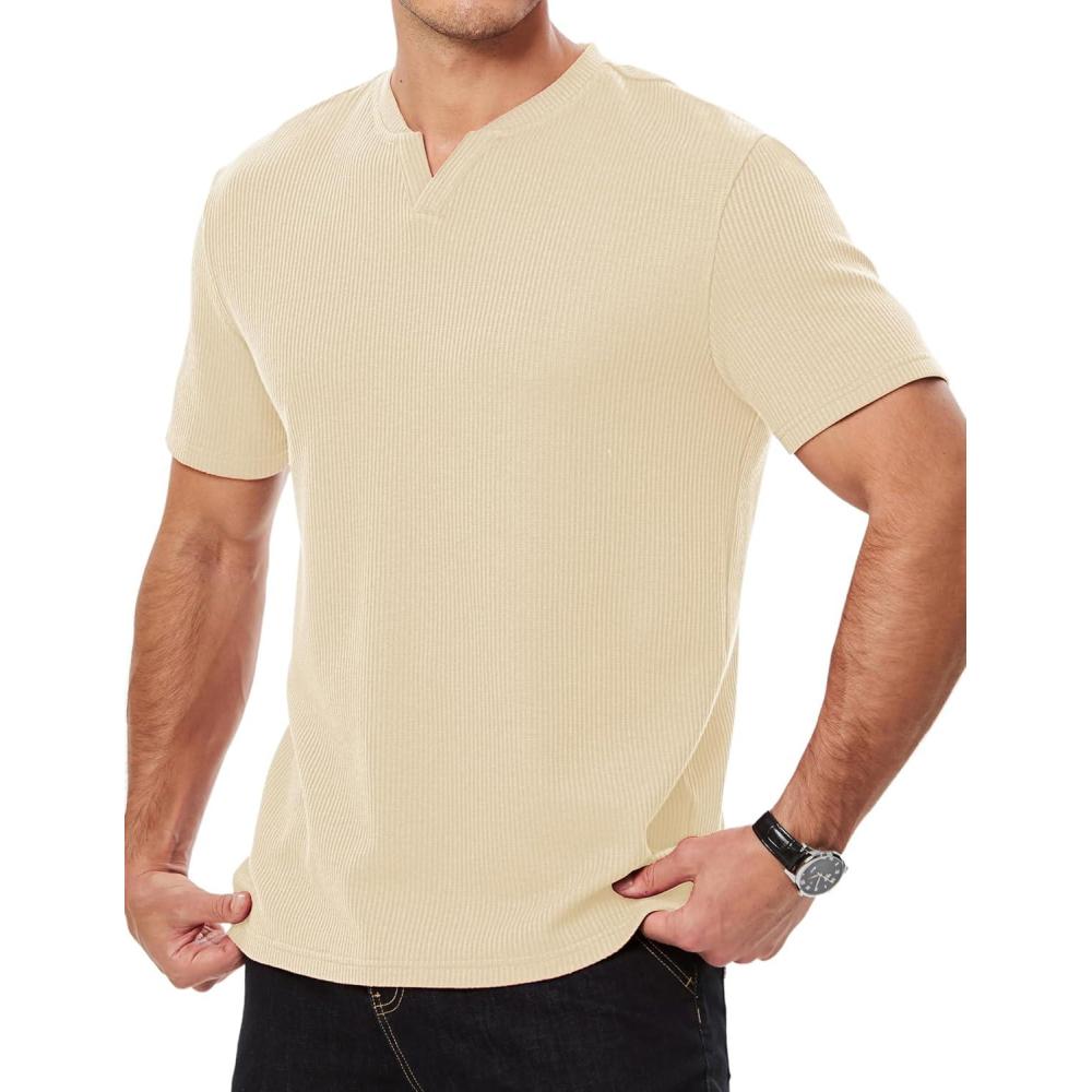 imageJMIERR Mens Waffle Cotton T Shirt VNeck Henley Shirt Short Sleeve Work Casual Tee ShirtsApricot