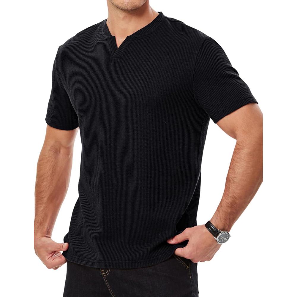 imageJMIERR Mens Waffle Cotton T Shirt VNeck Henley Shirt Short Sleeve Work Casual Tee ShirtsBlack