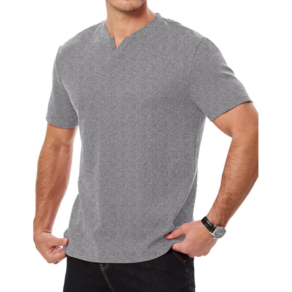 imageJMIERR Mens Waffle Cotton T Shirt VNeck Henley Shirt Short Sleeve Work Casual Tee ShirtsGrey