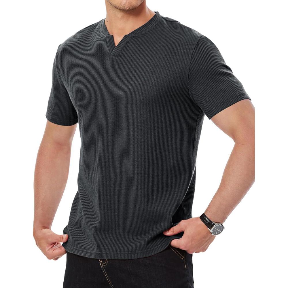 imageJMIERR Mens Waffle Cotton T Shirt VNeck Henley Shirt Short Sleeve Work Casual Tee ShirtsGrey Black