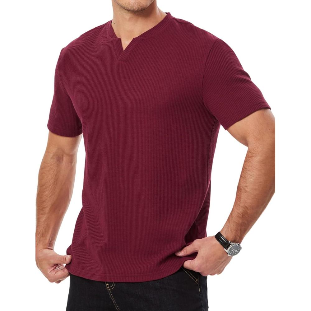imageJMIERR Mens Waffle Cotton T Shirt VNeck Henley Shirt Short Sleeve Work Casual Tee ShirtsRed