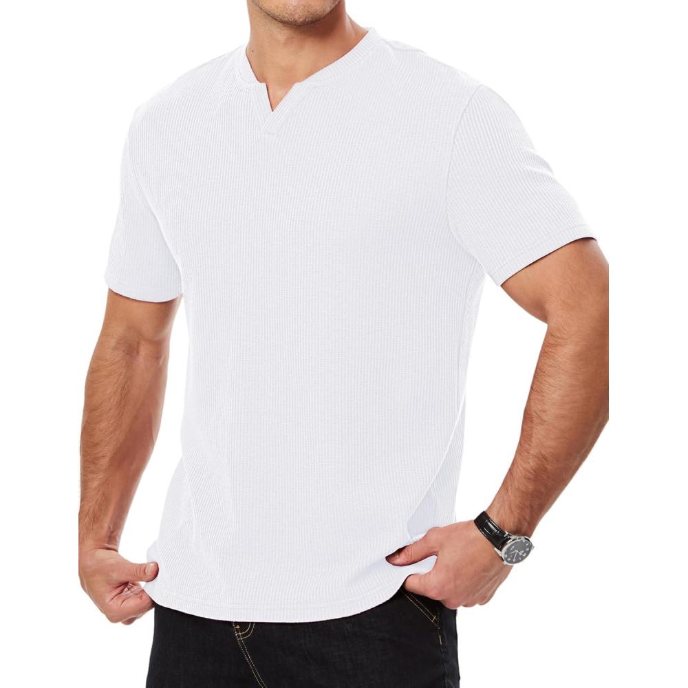 imageJMIERR Mens Waffle Cotton T Shirt VNeck Henley Shirt Short Sleeve Work Casual Tee ShirtsWhite