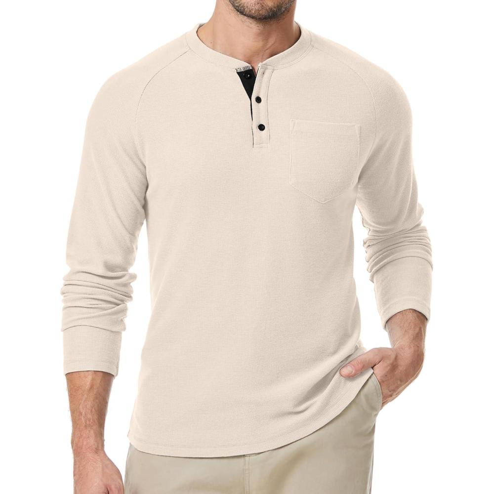 imageJMIERR Mens Waffle Henley Shirts Crewneck Long Sleeve Button Casual TShirt with PocketApricot