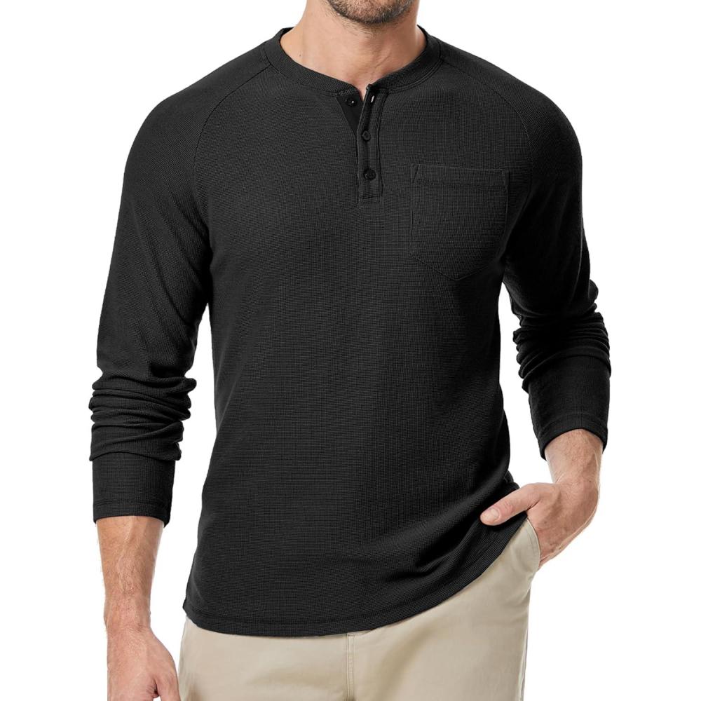 imageJMIERR Mens Waffle Henley Shirts Crewneck Long Sleeve Button Casual TShirt with PocketBlack