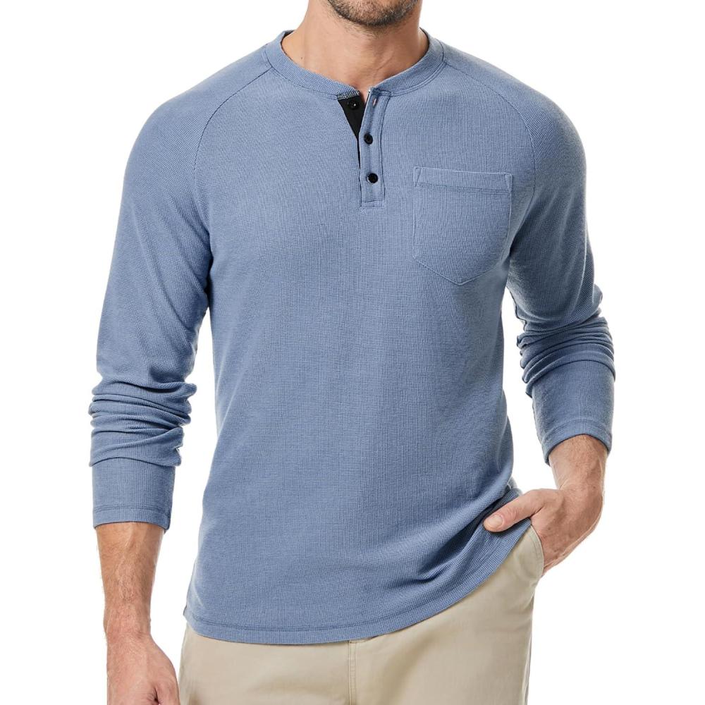 imageJMIERR Mens Waffle Henley Shirts Crewneck Long Sleeve Button Casual TShirt with PocketBlue