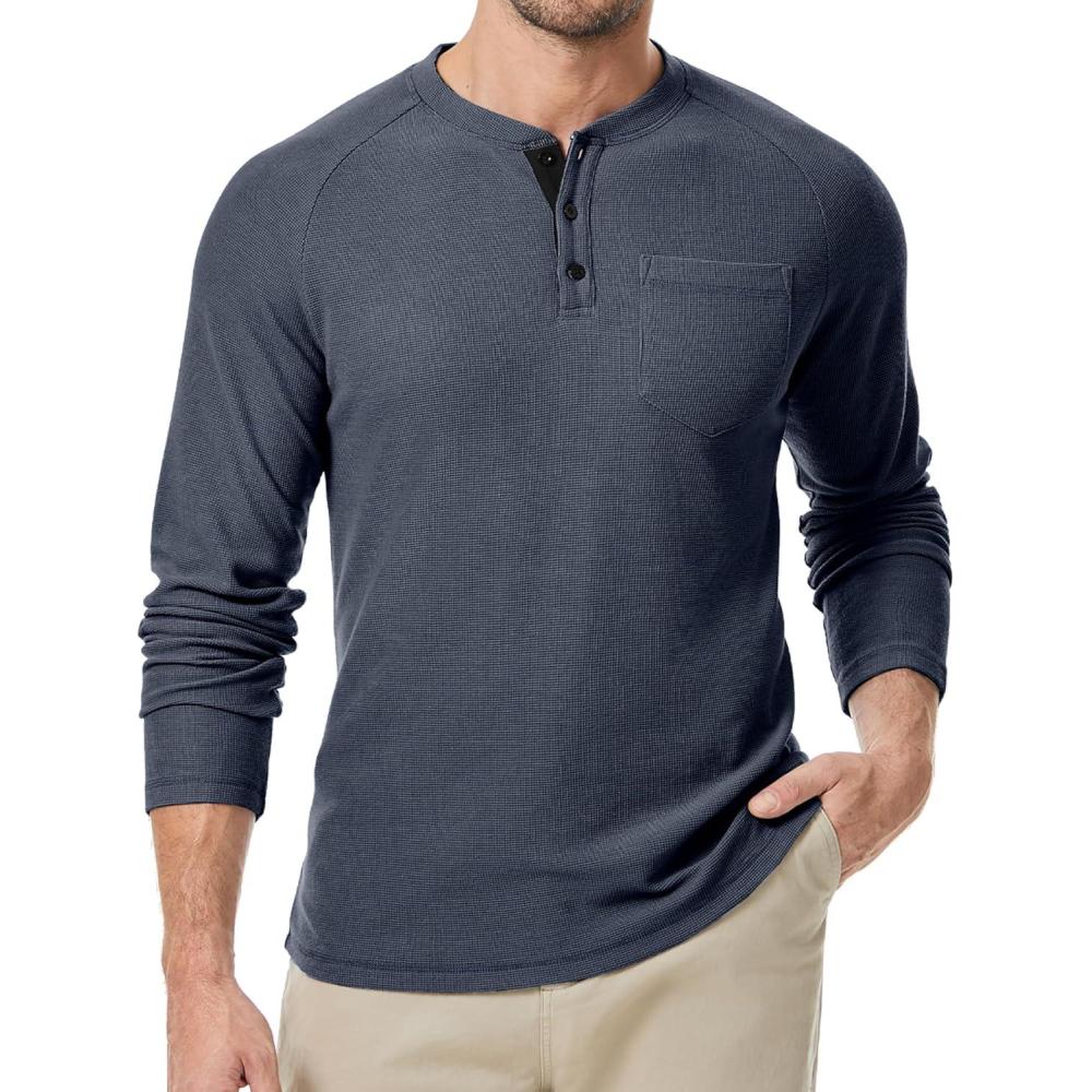 imageJMIERR Mens Waffle Henley Shirts Crewneck Long Sleeve Button Casual TShirt with PocketDark Grey