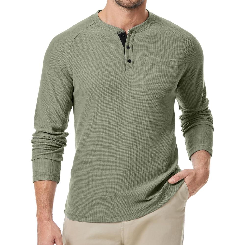 imageJMIERR Mens Waffle Henley Shirts Crewneck Long Sleeve Button Casual TShirt with PocketGreen