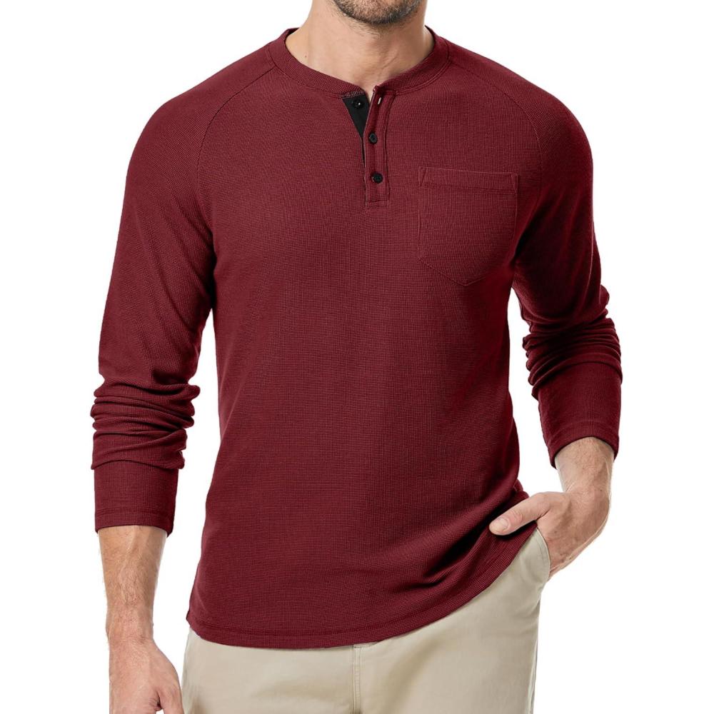 imageJMIERR Mens Waffle Henley Shirts Crewneck Long Sleeve Button Casual TShirt with PocketRed