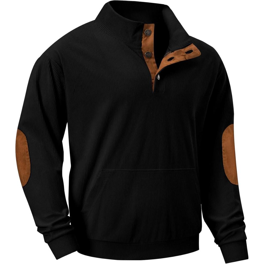 imageJMIERR Mens Warm Corduroy Sweatshirt Casual Stand Collar Quarter Fall Metal Button Pullover Sweaters Long Sleeve with PocketsA Black