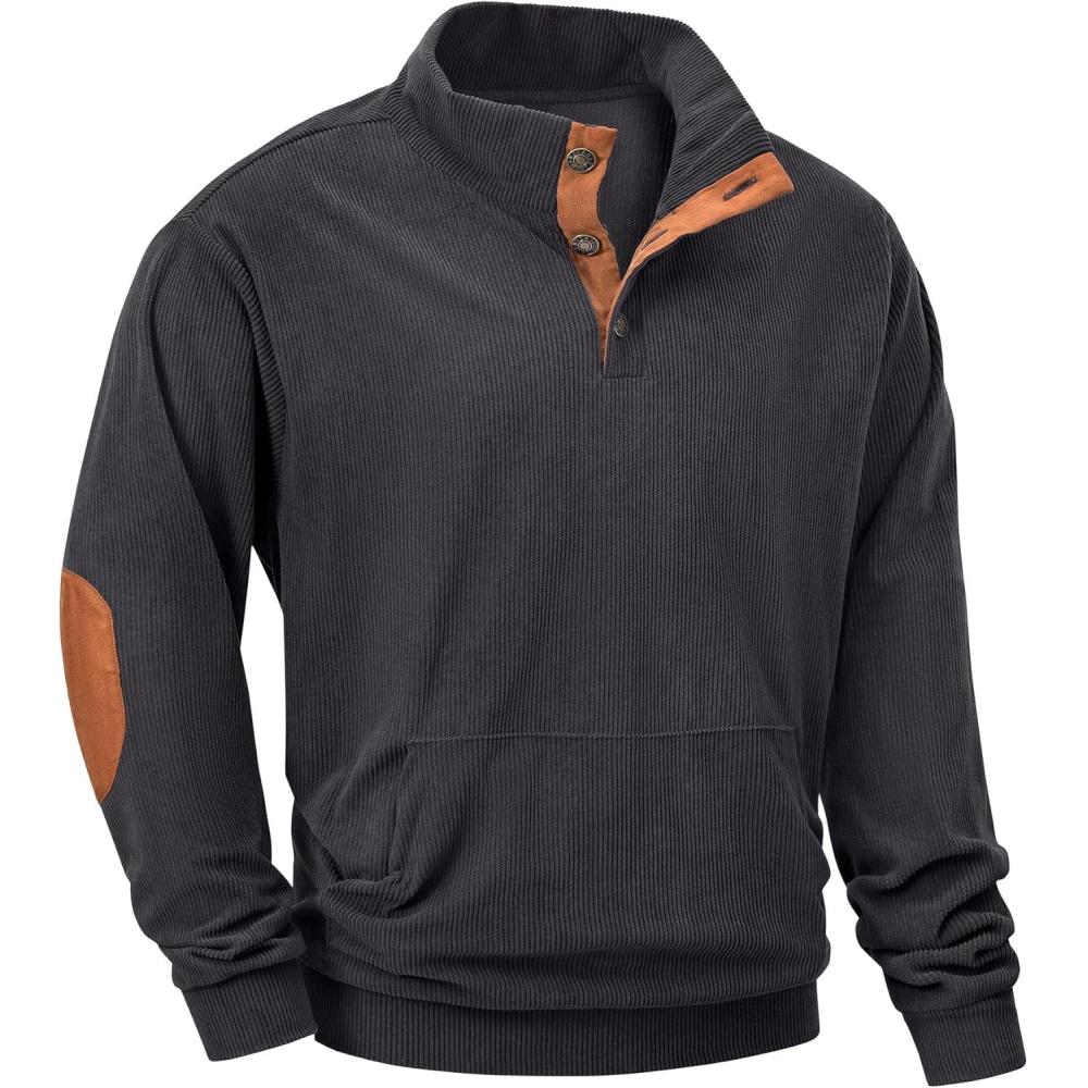 imageJMIERR Mens Warm Corduroy Sweatshirt Casual Stand Collar Quarter Fall Metal Button Pullover Sweaters Long Sleeve with PocketsB Carbon Grey
