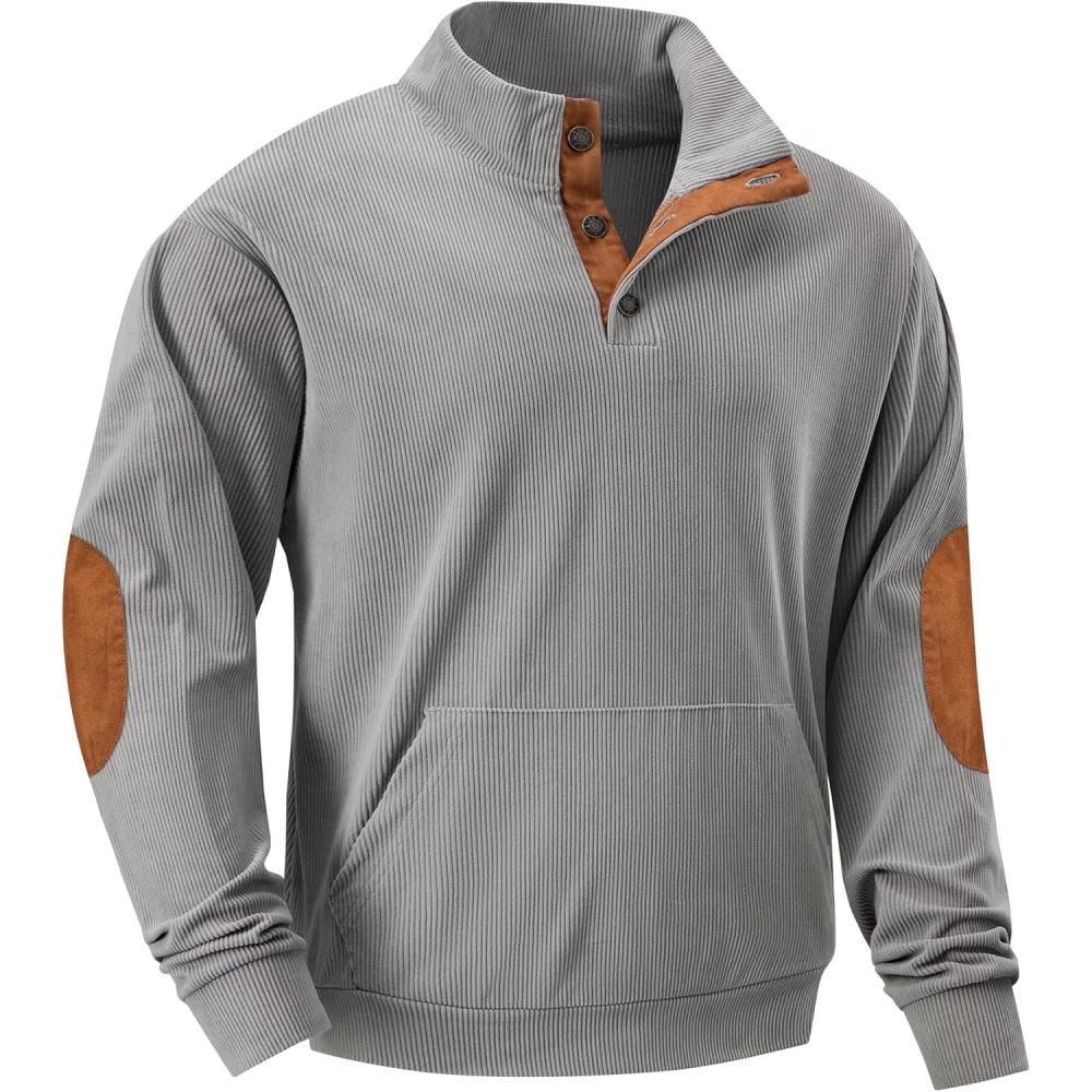 imageJMIERR Mens Warm Corduroy Sweatshirt Casual Stand Collar Quarter Fall Metal Button Pullover Sweaters Long Sleeve with PocketsC Light Grey