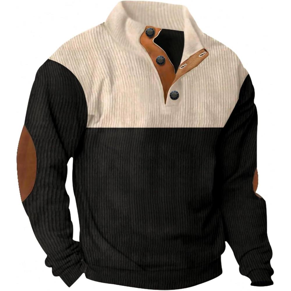 imageJMIERR Mens Warm Corduroy Sweatshirt Casual Stand Collar Quarter Fall Metal Button Pullover Sweaters Long Sleeve with PocketsX Black