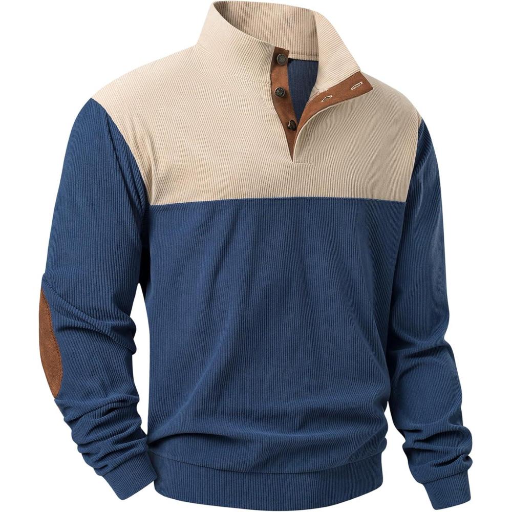 imageJMIERR Mens Warm Corduroy Sweatshirt Casual Stand Collar Quarter Fall Metal Button Pullover Sweaters Long Sleeve with PocketsZ Blue