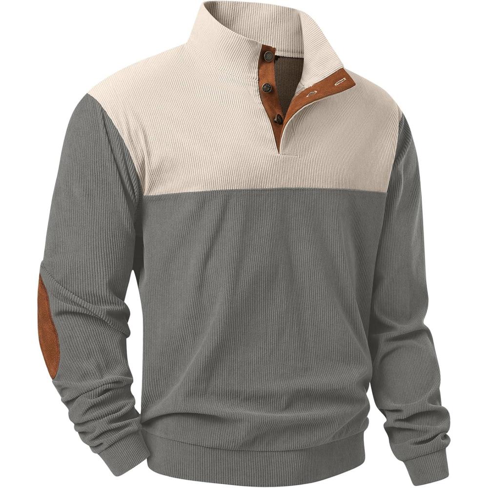 imageJMIERR Mens Warm Corduroy Sweatshirt Casual Stand Collar Quarter Fall Metal Button Pullover Sweaters Long Sleeve with PocketsZ Grey