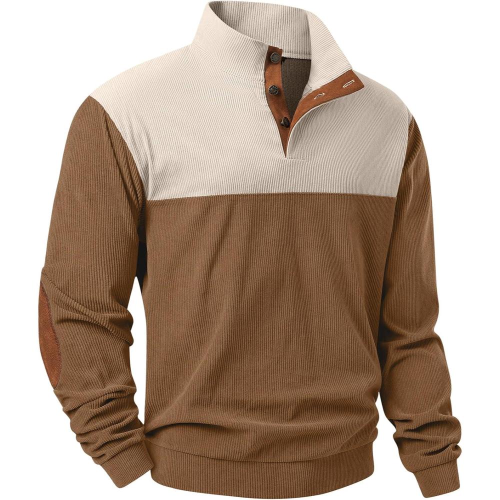 imageJMIERR Mens Warm Corduroy Sweatshirt Casual Stand Collar Quarter Fall Metal Button Pullover Sweaters Long Sleeve with PocketsZ Light Brown