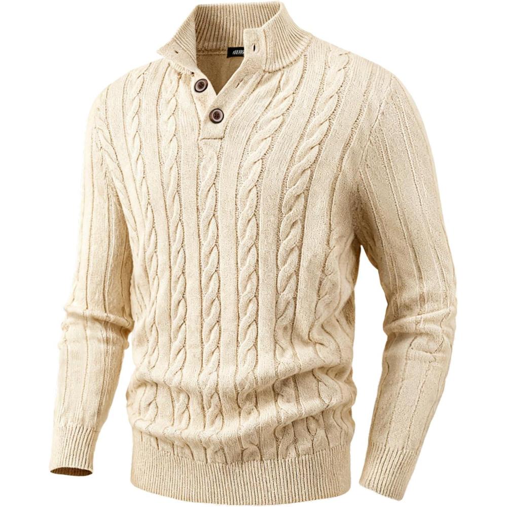 imageJMIERR Mens Wool Blend Cable Knit Sweater Casual Long Sleeve Button Stand Collar Old Money Pullover SweatersApricot