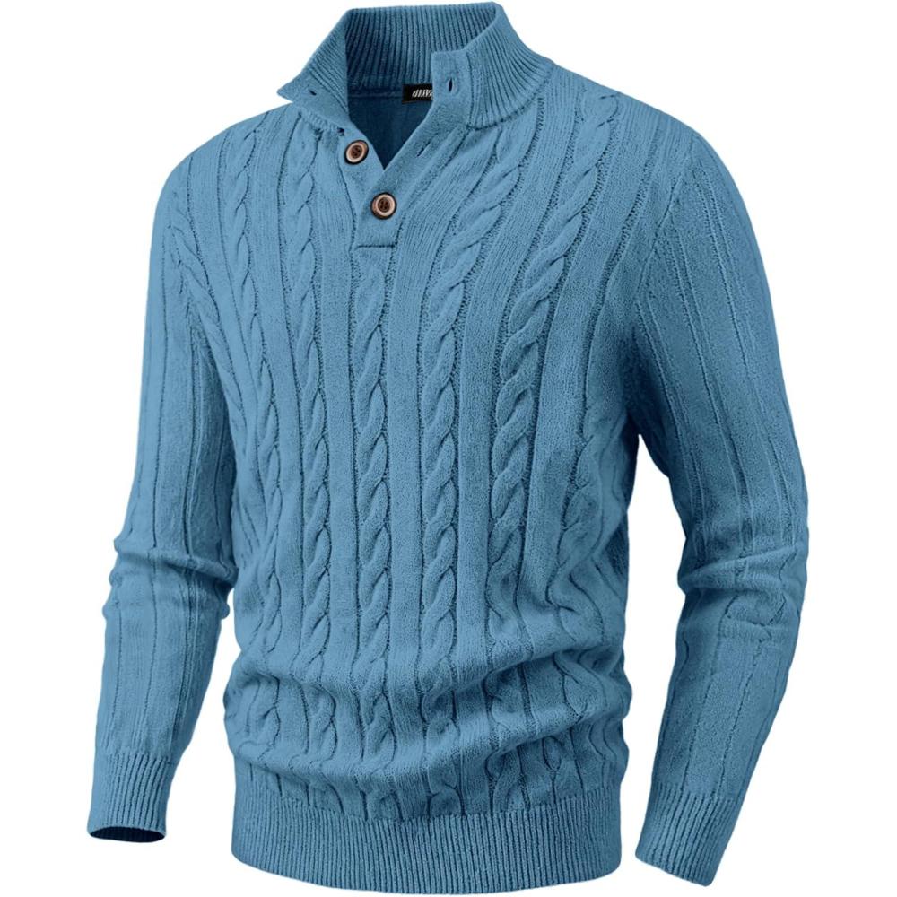 imageJMIERR Mens Wool Blend Cable Knit Sweater Casual Long Sleeve Button Stand Collar Old Money Pullover SweatersBlue