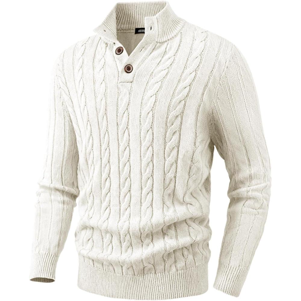 imageJMIERR Mens Wool Blend Cable Knit Sweater Casual Long Sleeve Button Stand Collar Old Money Pullover SweatersWhite