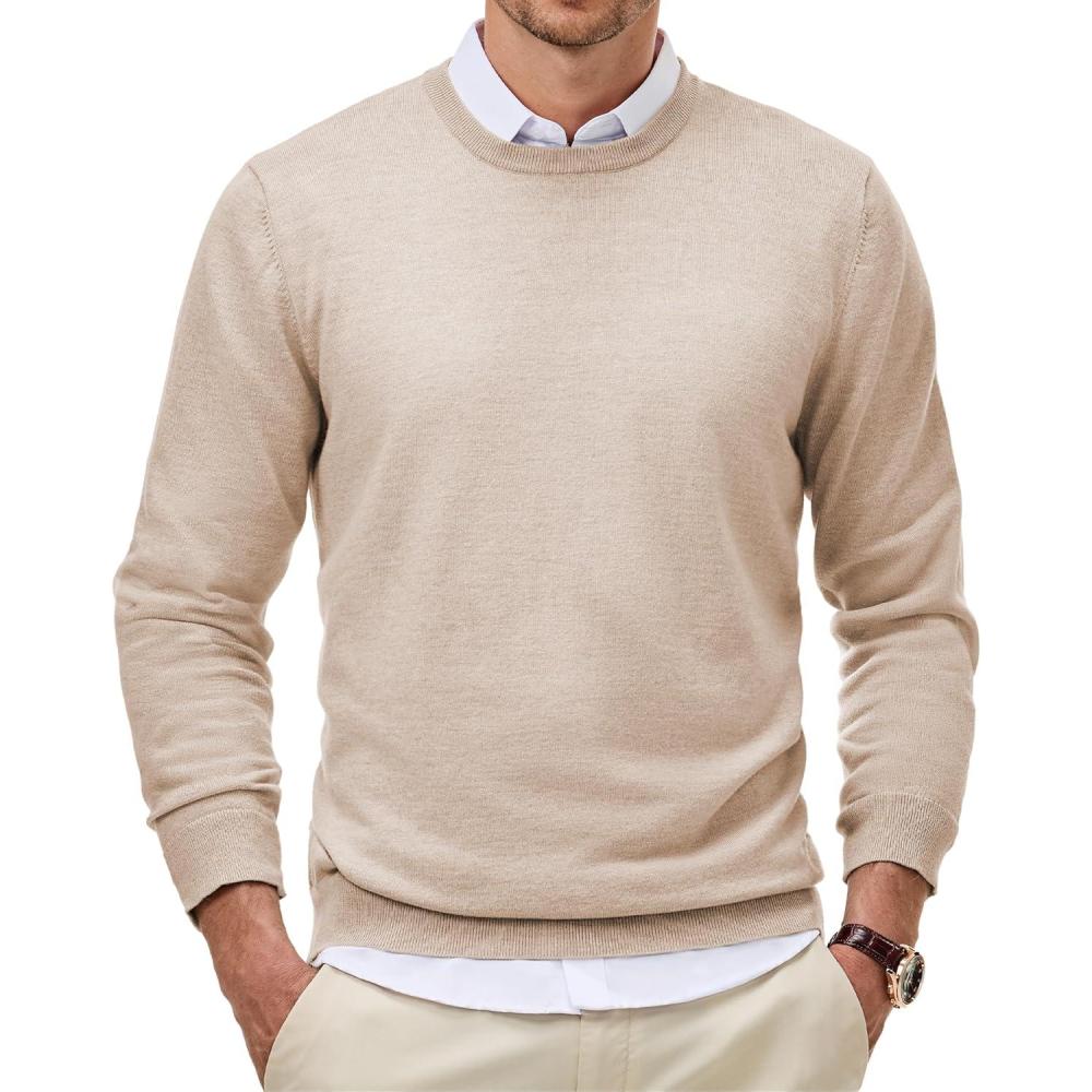 imageJMIERR Mens Wool Blend Classic Crew Neck Casual Fall SweatersBeige