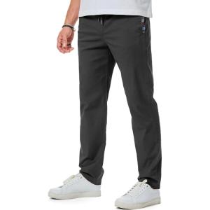 JMIERR Casual Chino Pants Drawstring Stretch Waist Fit Cotton Twill Trousers(A Black)