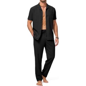 JMIERR Men 2 Piece Outfit Short Sleeve Beach Button Down Shirt Casual Loose Pant Sets with Pocket(0 Black)