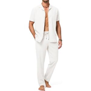 JMIERR Men 2 Piece Outfit Short Sleeve Beach Button Down Shirt Casual Loose Pant Sets with Pocket(0 White)