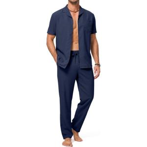 JMIERR Men 2 Piece Outfit Short Sleeve Beach Button Down Shirt Casual Loose Pant Sets with Pocket(A Blue)