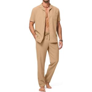 JMIERR Men 2 Piece Outfit Short Sleeve Beach Button Down Shirt Casual Loose Pant Sets with Pocket(A Khaki)