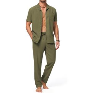 JMIERR Men 2 Piece Outfit Short Sleeve Beach Button Down Shirt Casual Loose Pant Sets with Pocket(D Dark Green)