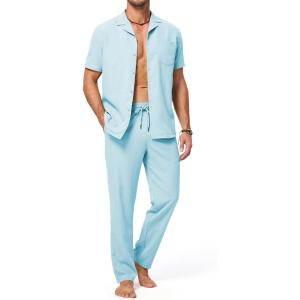 JMIERR Men 2 Piece Outfit Short Sleeve Beach Button Down Shirt Casual Loose Pant Sets with Pocket(D Light Blue)