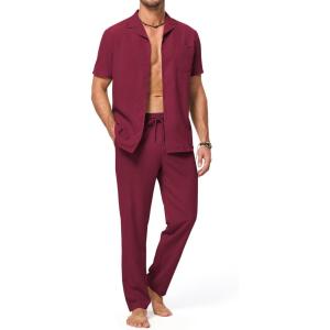 JMIERR Men 2 Piece Outfit Short Sleeve Beach Button Down Shirt Casual Loose Pant Sets with Pocket(D Red)