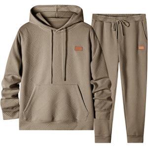 JMIERR Mens 2 Piece Jacquard Sweatsuit Outfits Hoodie Sweatshirt & Joggers Sweatpants Set Tracksuit(Dark Brown)