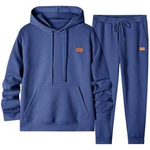 JMIERR Mens 2 Piece Jacquard Sweatsuit Outfits Hoodie Sweatshirt & Joggers Sweatpants Set Tracksuit(Navy Blue)